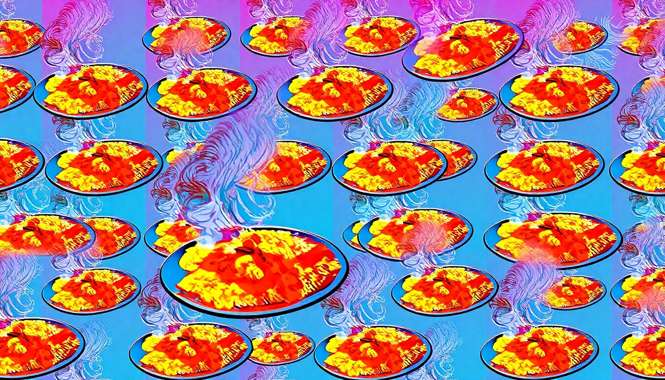A highly stylized, pop art-inspired illustration featuring a repeating grid of a brightly colored plate of Indian curry and rice, capturing the bold flavors and vibrant energy of the new restaurant opening.