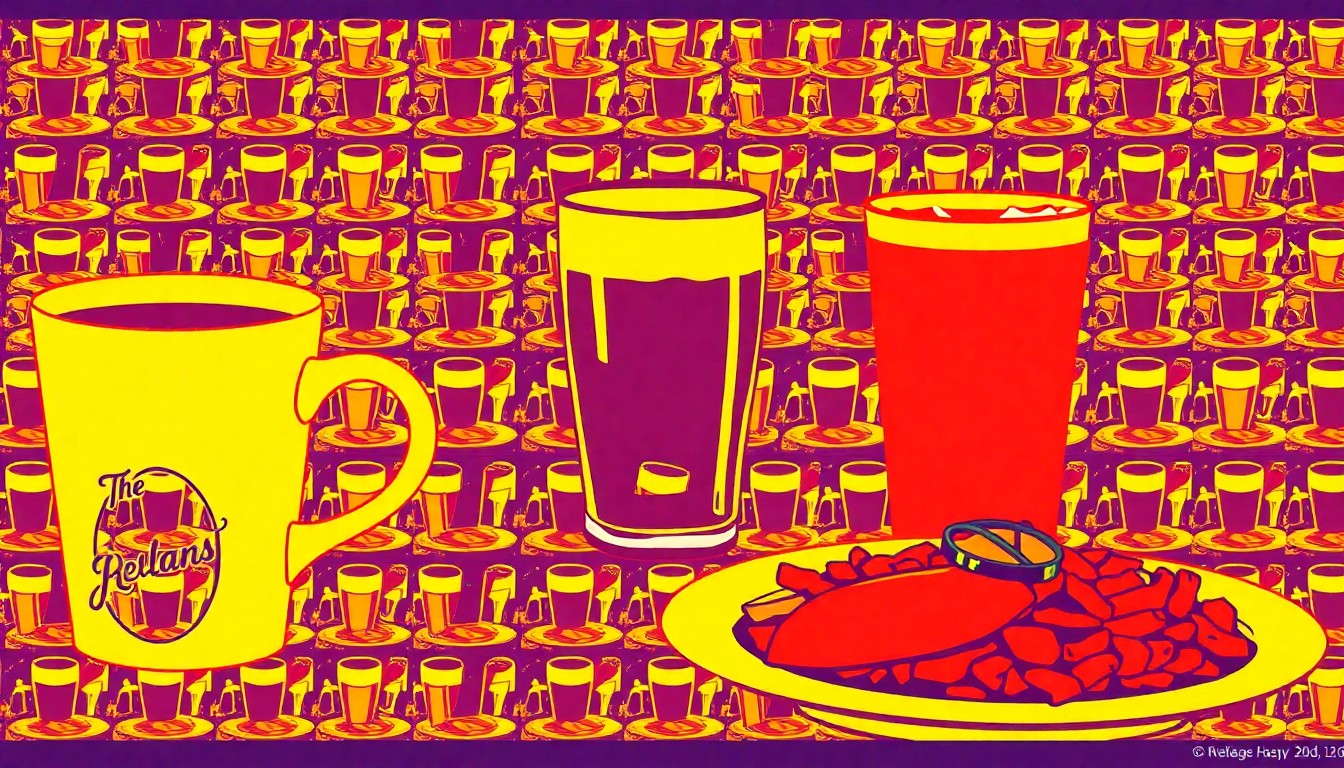 A bold, colorful silkscreen illustration featuring repeating icons of a coffee cup, beer glass, and plate of food, conceptually representing the vibrant dining and drinking scene in the Drake neighborhood during the annual Relays event.