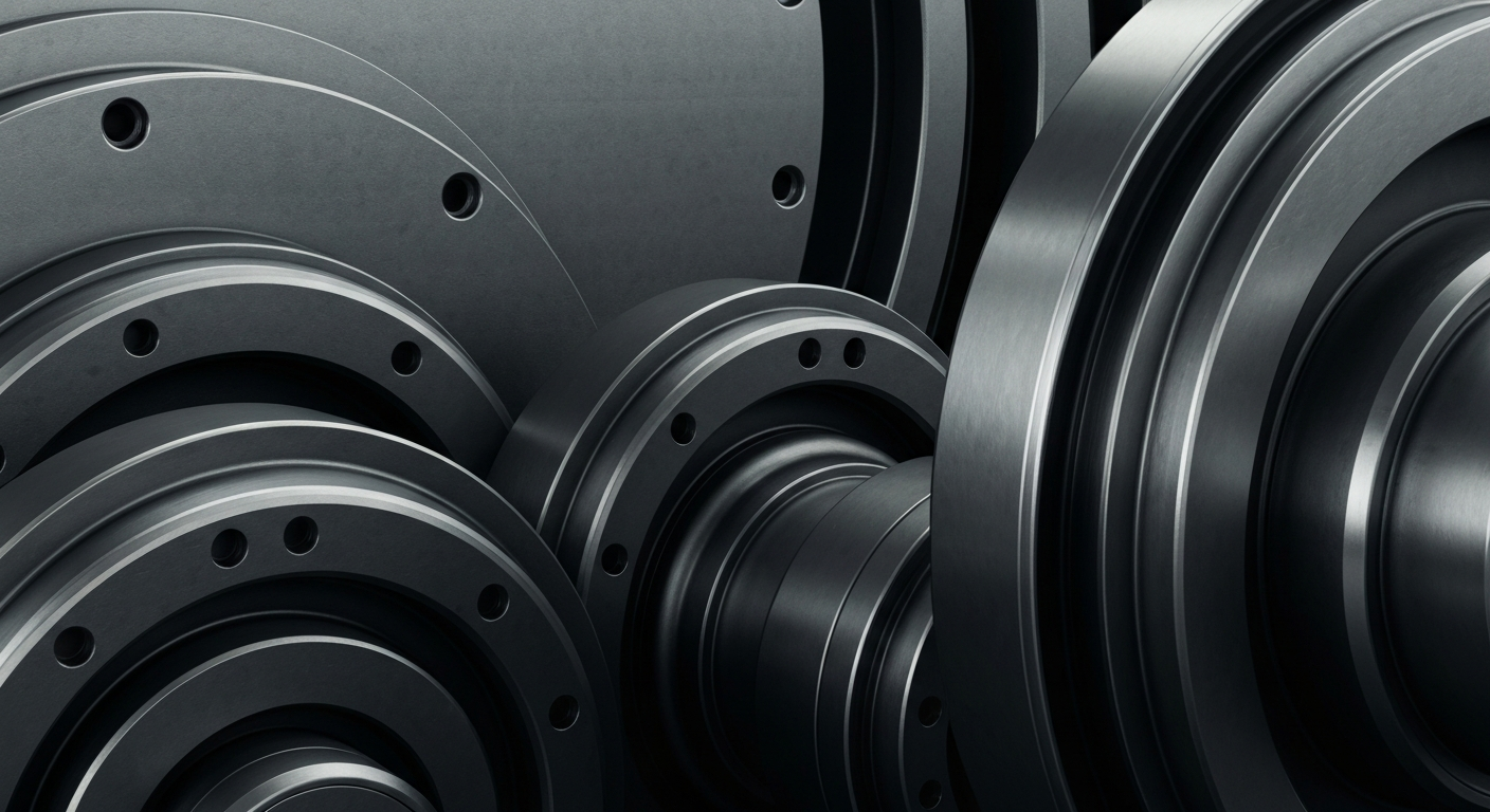 A highly detailed, black-and-white close-up image of the gears, levers, and other industrial components that make up the heavy machinery used in steel manufacturing, conveying a sense of the scale and complexity of Nucor's operations.