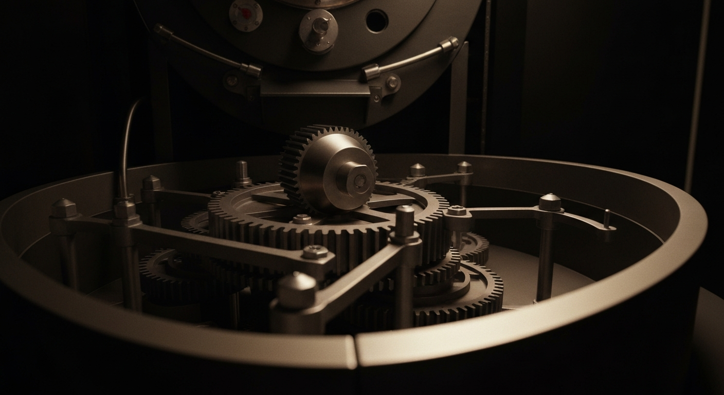 A close-up image of the complex inner workings of a commercial coffee roasting machine, with gears, sensors, and other mechanical components visible, representing the industrial scale and technical precision of Starbucks' operations.