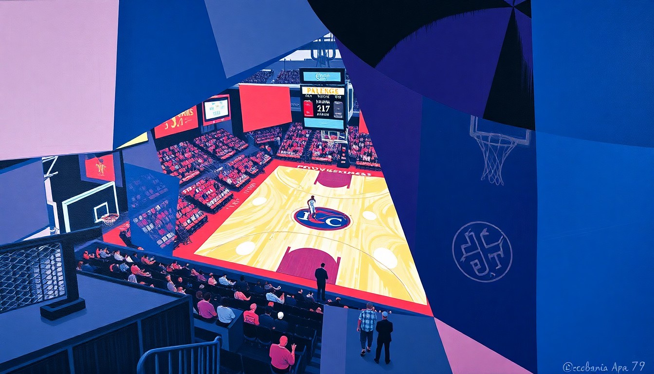 A cubist, geometric painting depicting a fragmented college basketball game, with sharp planes of color representing the energy and motion of the sport.