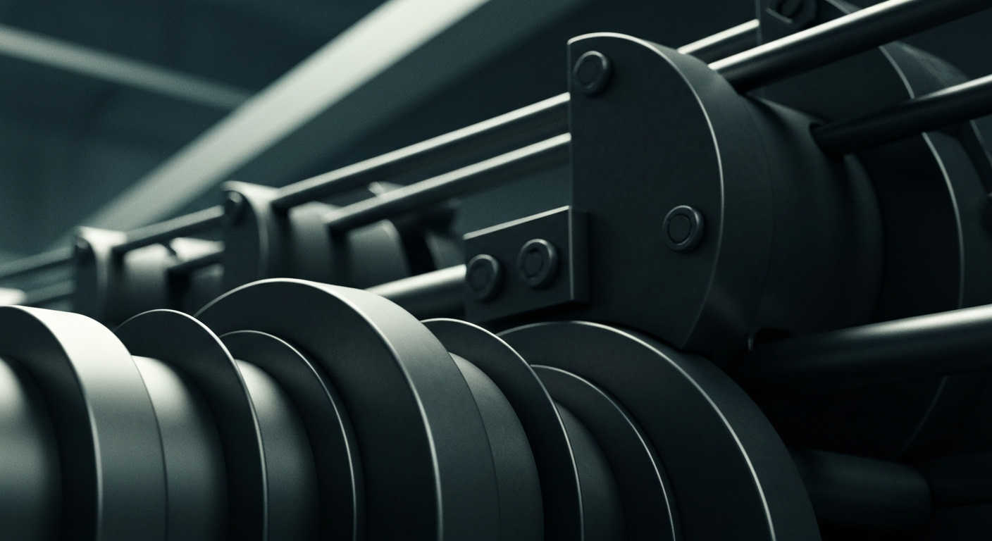 An extreme close-up of gears, levers, and other heavy machinery that are part of a banking or financial institution's infrastructure, conveying a sense of the tangible, industrial nature of the financial system.