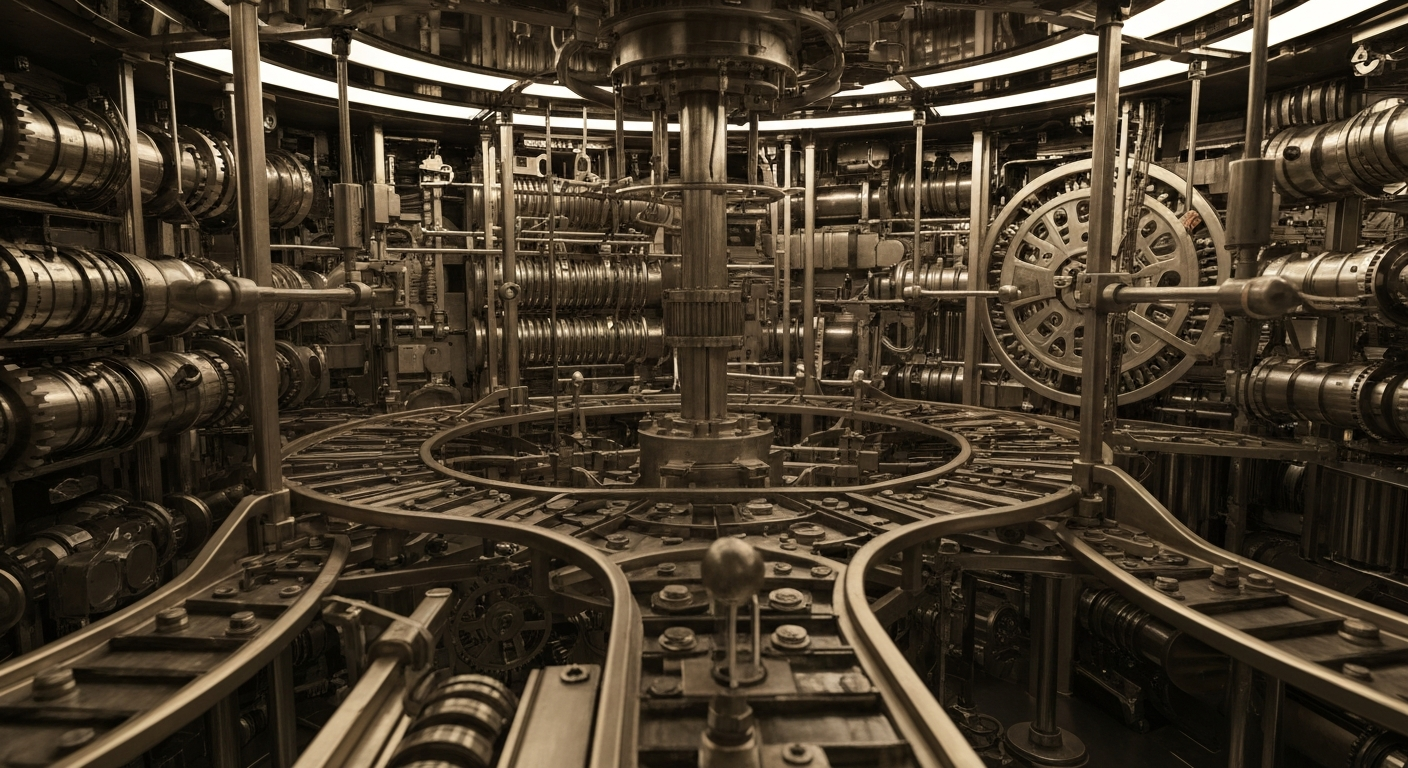 An extreme close-up of intricate, heavy machinery and equipment used in the banking and finance industry, conveying the complex, behind-the-scenes infrastructure that powers the markets.