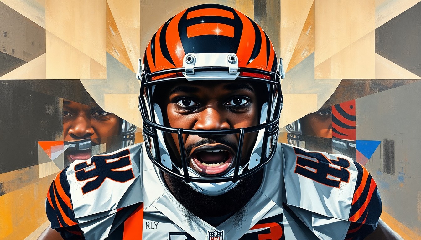 A cubist, geometric painting depicting the powerful form of Cincinnati Bengals offensive lineman Amarius Mims, with sharp, overlapping planes capturing his size, strength and athleticism.