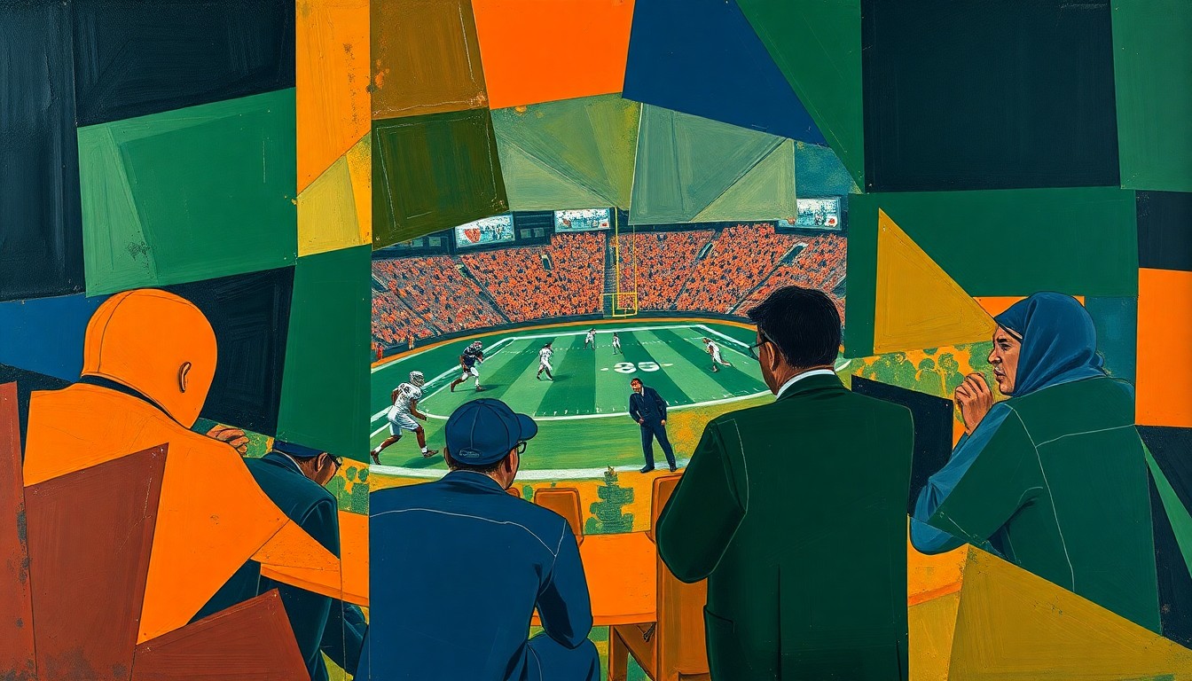 A cubist, geometric painting depicting the silhouettes of football players and coaches in overlapping, abstracted shapes and planes, conveying the strategic complexity and emotional intensity of the sport.