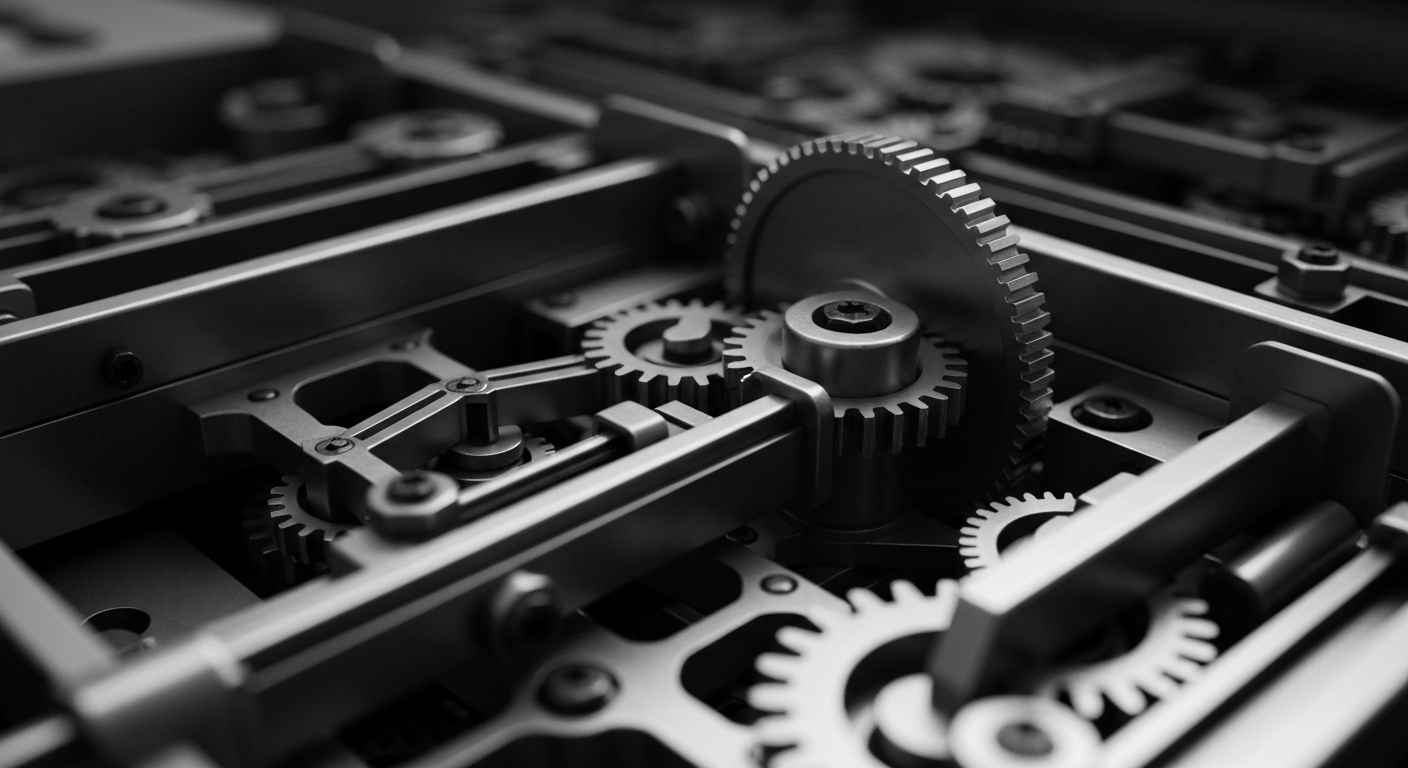 An extreme close-up of the complex inner workings of a financial instrument, with gears, circuits, and metallic components filling the frame in a stark, industrial style that conveys the underlying mechanics of the markets.