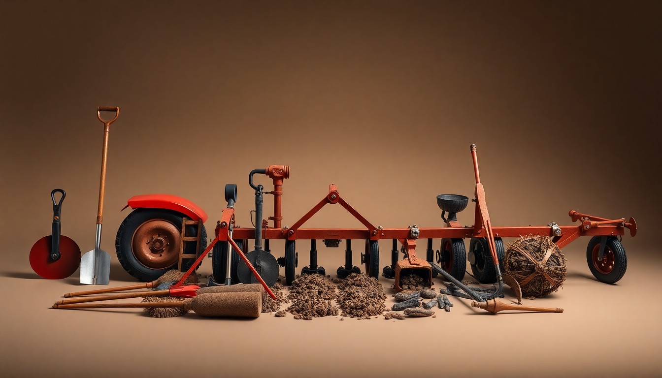 A high-end, photorealistic studio still-life photograph featuring a collection of precision farming tools and implements arranged elegantly on a clean, monochromatic seamless background, using sharp, dramatic lighting and shadows to represent the careful planning and execution of a successful strip-till system.