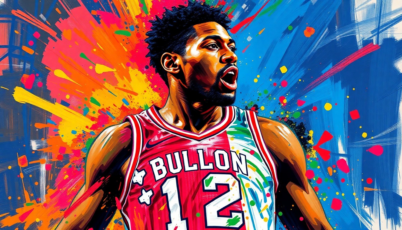 An abstract, expressionist painting in vibrant neon colors depicting the raw energy and athleticism of a basketball player, with their face and uniform dissolving into unrecognizable brushstrokes and splatters of paint.