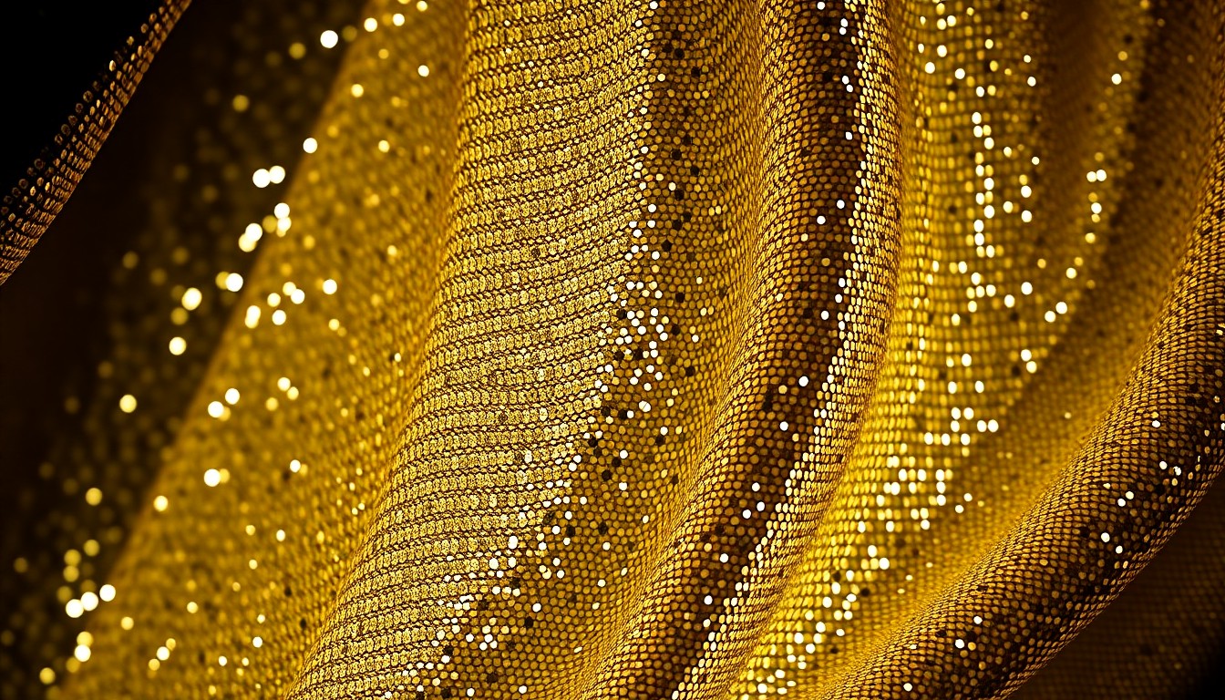 An extreme close-up of a shimmering, sequined fabric in dramatic, high-contrast studio lighting, conceptually representing the glamour and artistry of French cinema.