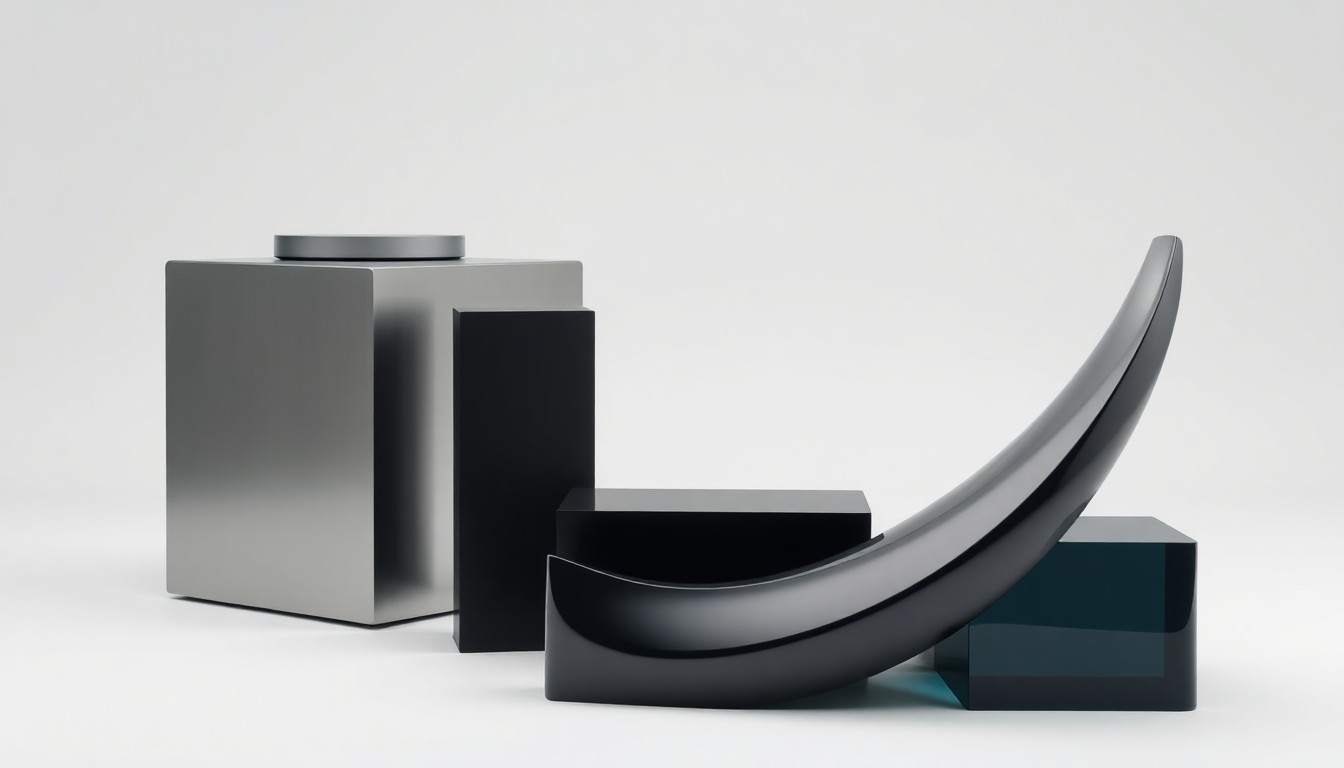 A high-end, photorealistic studio still-life photograph featuring a polished, geometric metal cube, a sleek black rectangle, and a smooth, curved glass sculpture, arranged elegantly on a clean, white seamless background to conceptually represent the abstract corporate strategy and technology behind the OpenAI-Amazon partnership.