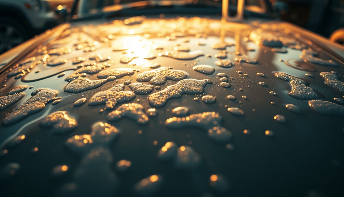 An extremely abstracted, out-of-focus photograph of a vintage car being washed, with soft, warm pools of light and color reflecting off the surface, conceptually representing the transition from a local car wash to a glamorous valet job.