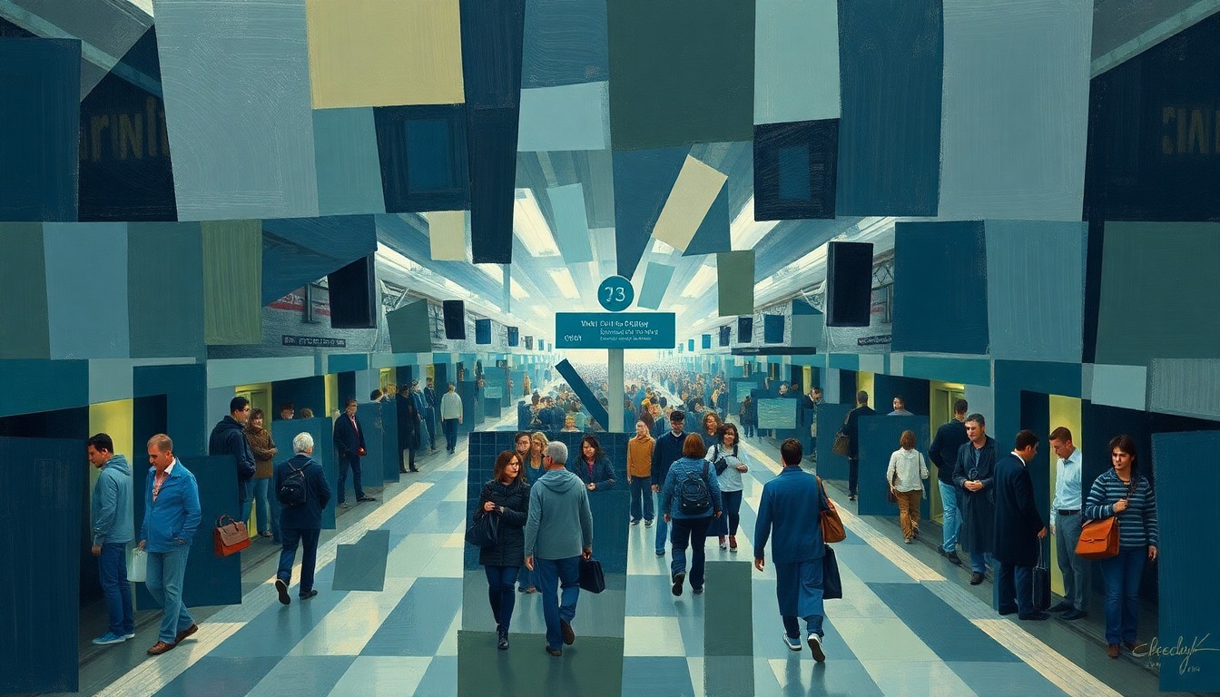 A fragmented, cubist-style painting depicting a crowded train platform with passengers and transit infrastructure broken down into angular, overlapping geometric shapes in a muted color palette, conveying the complexity and challenges of providing affordable transportation for a major sporting event.