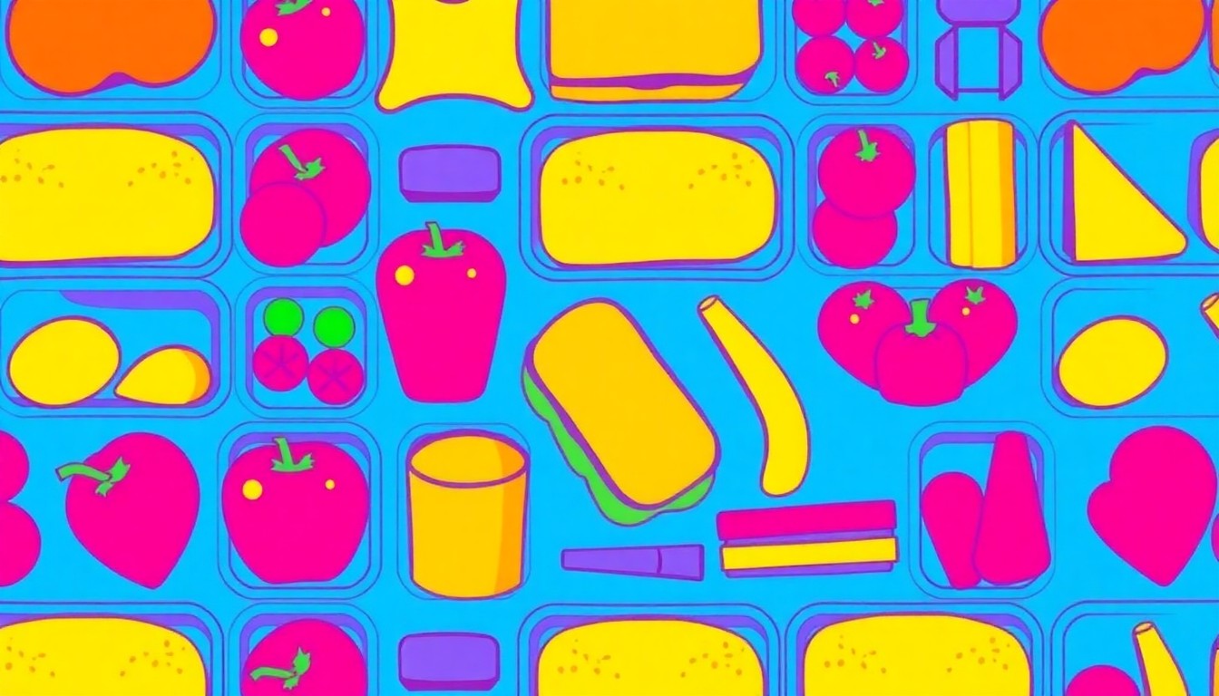A vibrant, high-contrast silkscreen print featuring a repeating grid of a school lunch tray filled with various healthy foods, conceptually representing the creative and appealing meal offerings at the North Port school district.