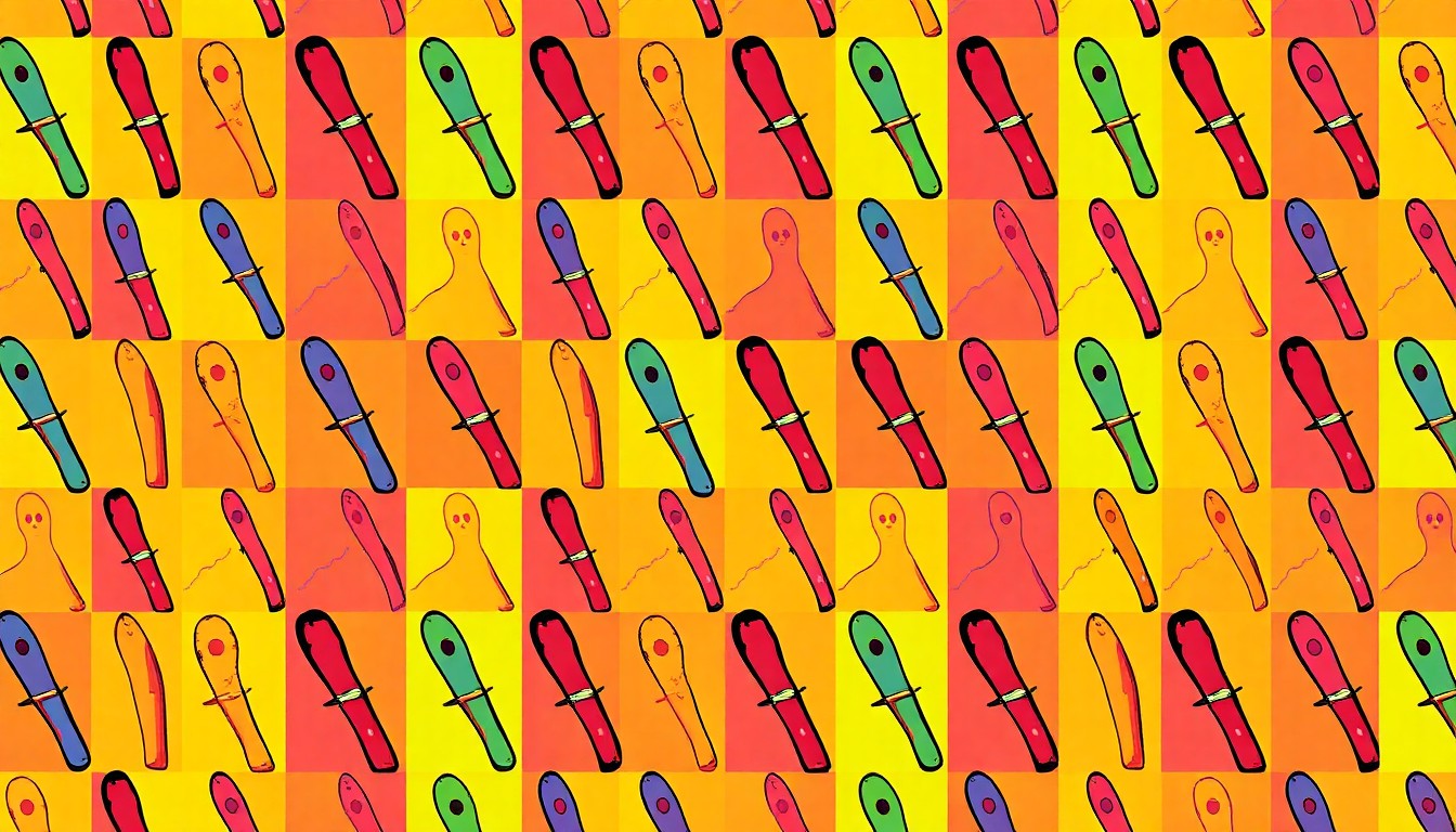 A brightly colored, high-contrast silkscreen print of a single, iconic horror movie object like a bloody knife or haunted house, repeated in a tight grid pattern in the style of Andy Warhol, conceptually representing the creative possibilities of horror-themed college essays.