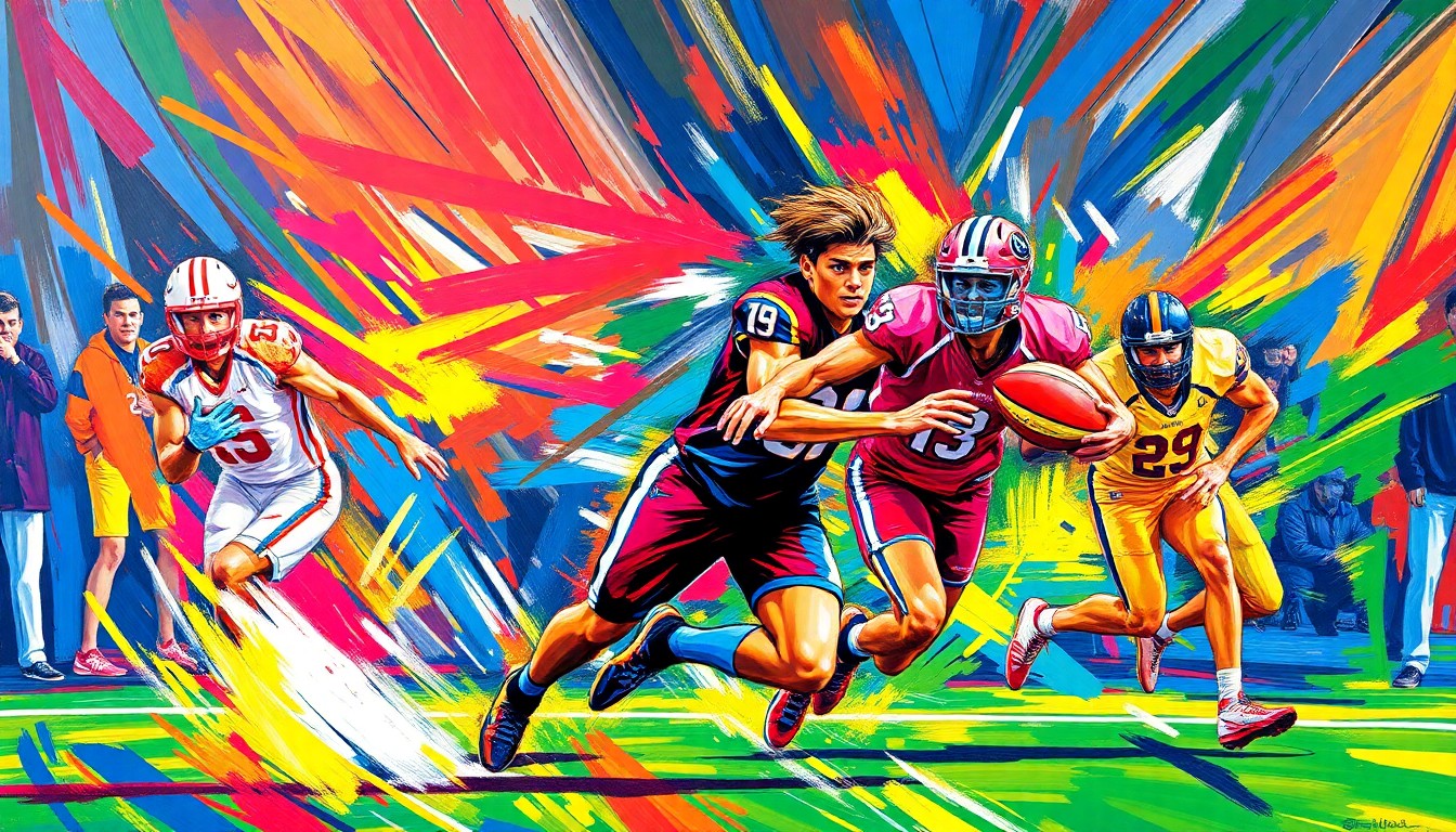 An abstract, expressionist painting using neon colors and energetic brushstrokes to convey the raw power and competitive drive of high school sports.