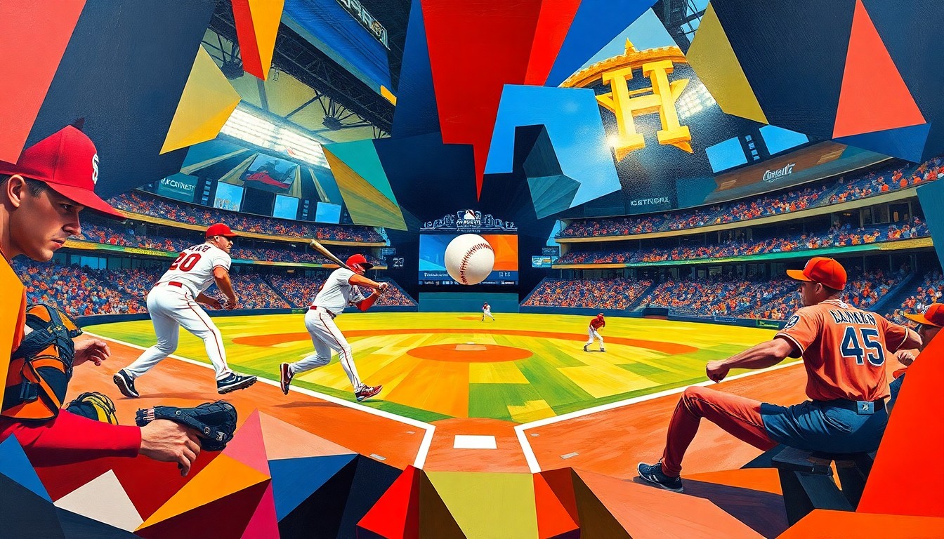 A fractured, multi-perspective painting in bold, overlapping geometric shapes and planes of red, orange, and white, conceptually representing the fast-paced action and strategic battle between the St. Louis Cardinals and Houston Astros baseball teams.