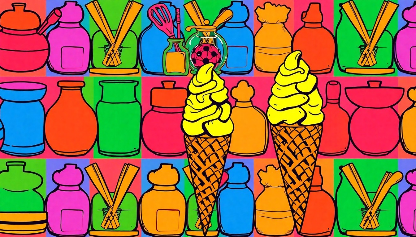A brightly colored, high-contrast silkscreen print featuring repeated images of handmade crafts and an Italian ice cone, capturing the lively and creative spirit of the new businesses and events emerging in the Medina County area.