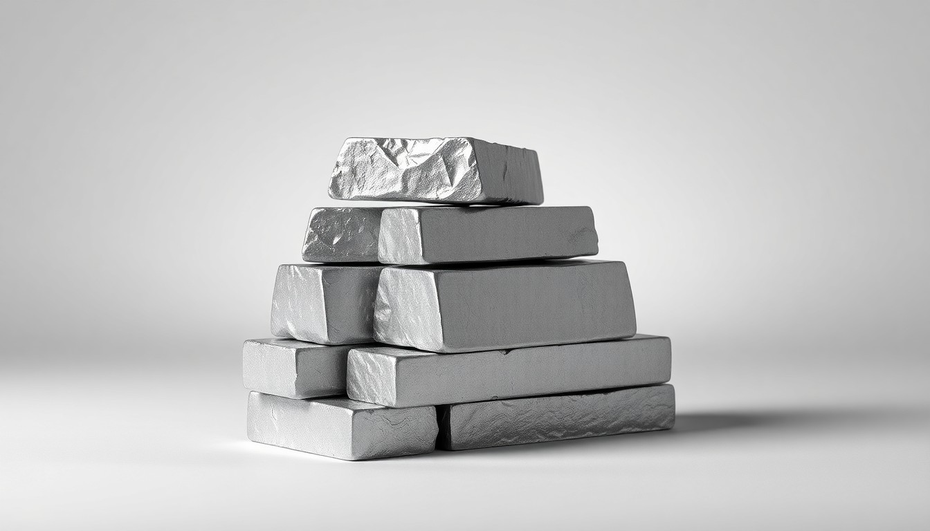 A photorealistic studio still-life photograph featuring a stack of raw aluminum ingots in various shades of silver and gray, arranged elegantly on a clean, monochromatic background to symbolize the resurgence of the aluminum industry in South Carolina.