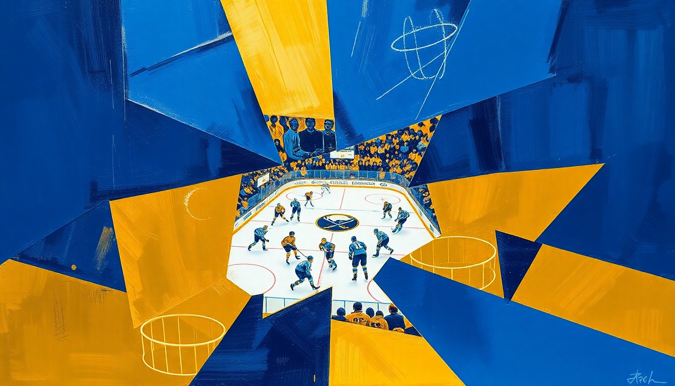 A cubist, geometric painting depicting a hockey game, with sharp, overlapping planes of blue and gold representing the Sabres' colors and the dynamic action on the ice.