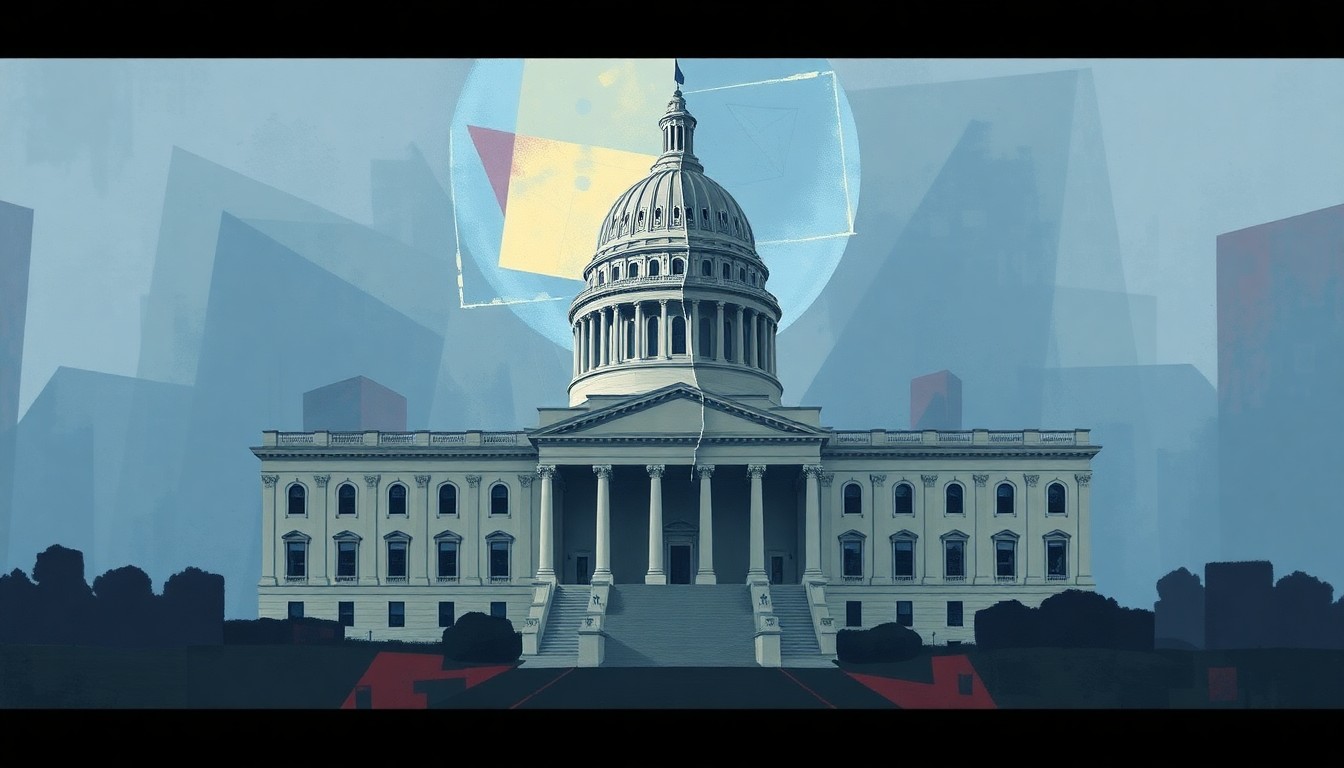 A dynamic, fractured painting in shades of blue, grey, and red depicting the California state capitol building, conveying a sense of political tension and division through its geometric, overlapping forms.