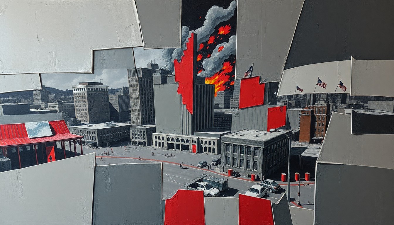 A fragmented, geometric painting in muted tones of grey, blue, and red, depicting the chaotic events of the Oklahoma City bombing and the community's resilient response in an abstract, multi-perspective style.