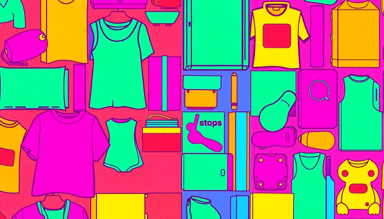 A high-contrast silkscreen print of a vintage clothing item, such as a retro t-shirt or sweater, repeated in a grid pattern with vibrant neon colors and heavy black outlines, conceptually representing the unique and affordable finds available at the Salvation Army Tyler's thrift store.