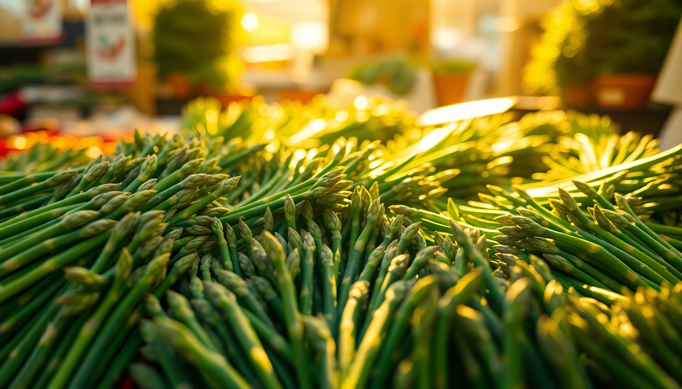 An abstract, out-of-focus photograph featuring a blurred display of fresh green asparagus spears, with the background softened into warm, golden pools of light, conceptually representing the seasonal celebration of this springtime produce.