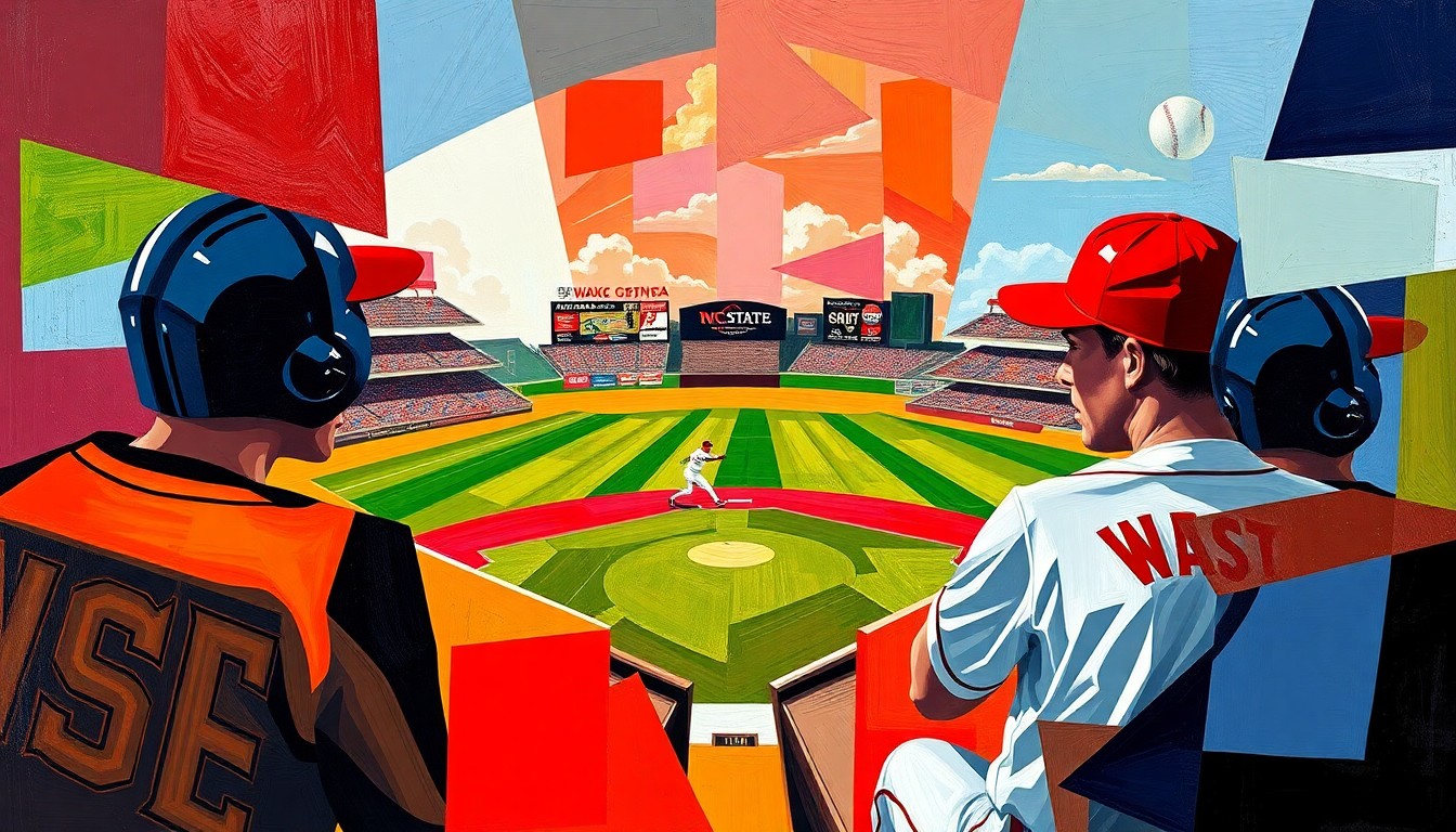 A cubist-style painting featuring sharp, overlapping geometric shapes and planes in the colors of the NC State Wolfpack and Wake Forest Demon Deacons uniforms, conceptually representing the high-intensity action of a college baseball game.