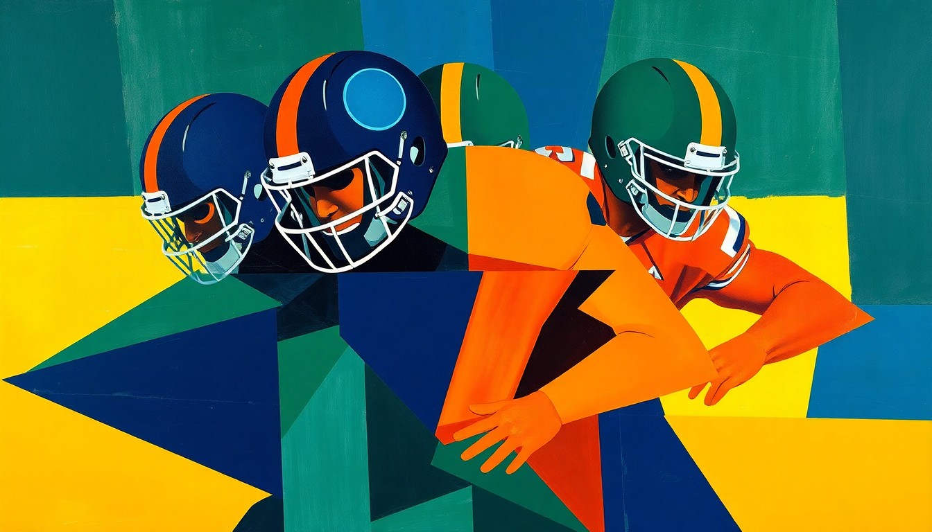 A fragmented, geometric painting depicting the powerful collision of a football defensive line, with sharp planes of navy, green, and orange overlapping to create a sense of raw energy and chaos on the field.