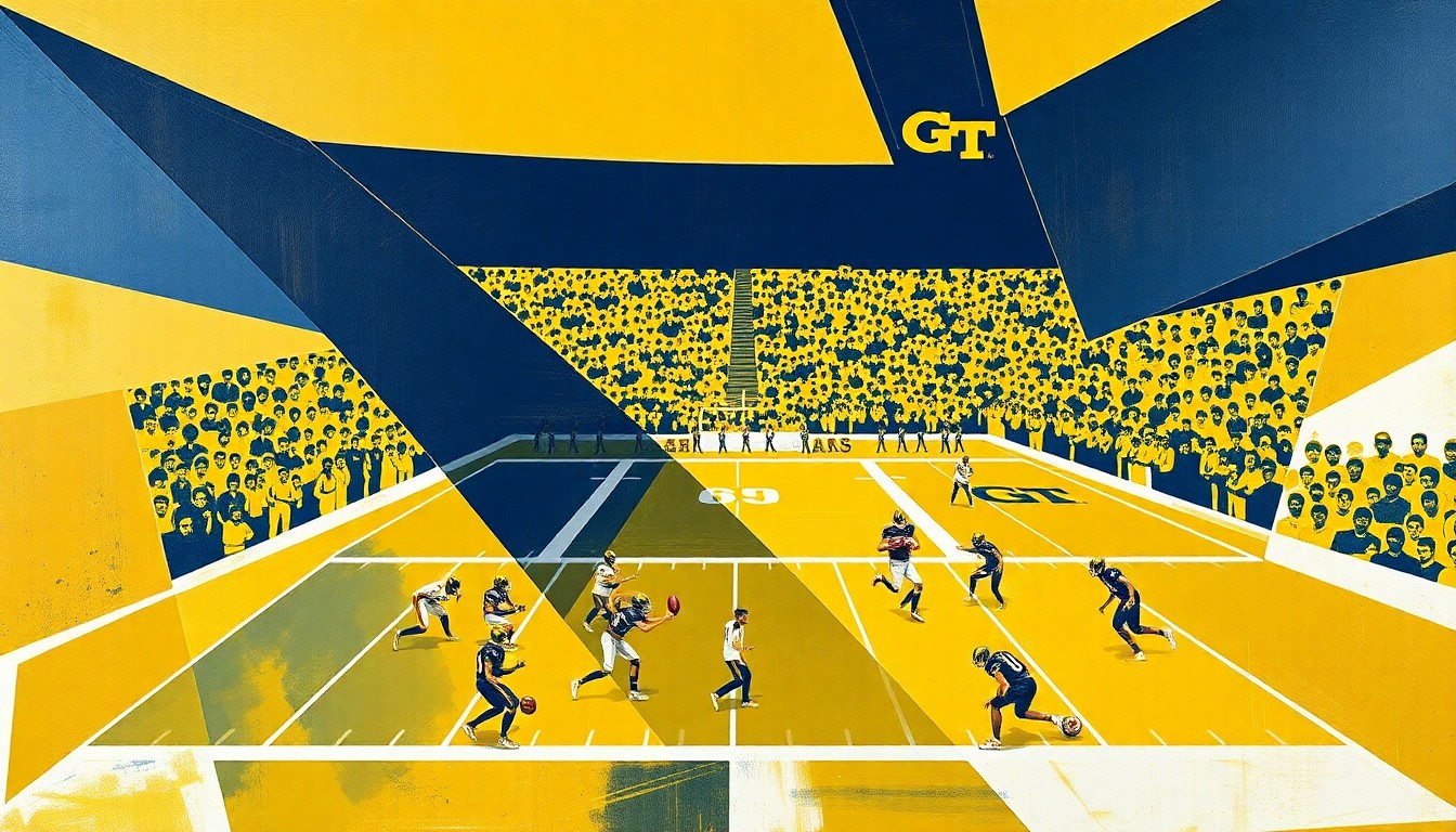 A fragmented, geometric painting in shades of gold, navy, and white, depicting the dynamic movements and energy of a college football game in an abstract, cubist style.