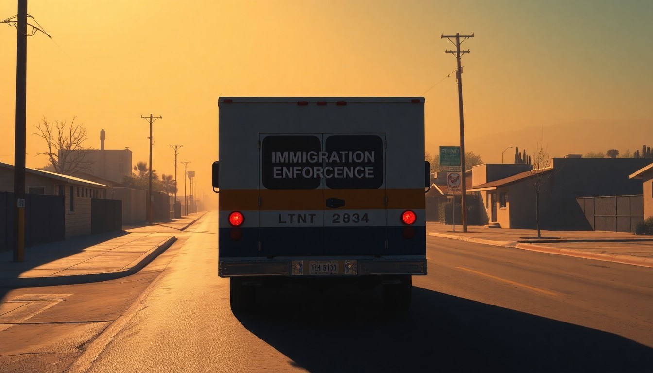 A photorealistic painting of a lone immigration enforcement vehicle parked on a deserted Tucson street, with warm sunlight and deep shadows creating a sense of quiet contemplation.