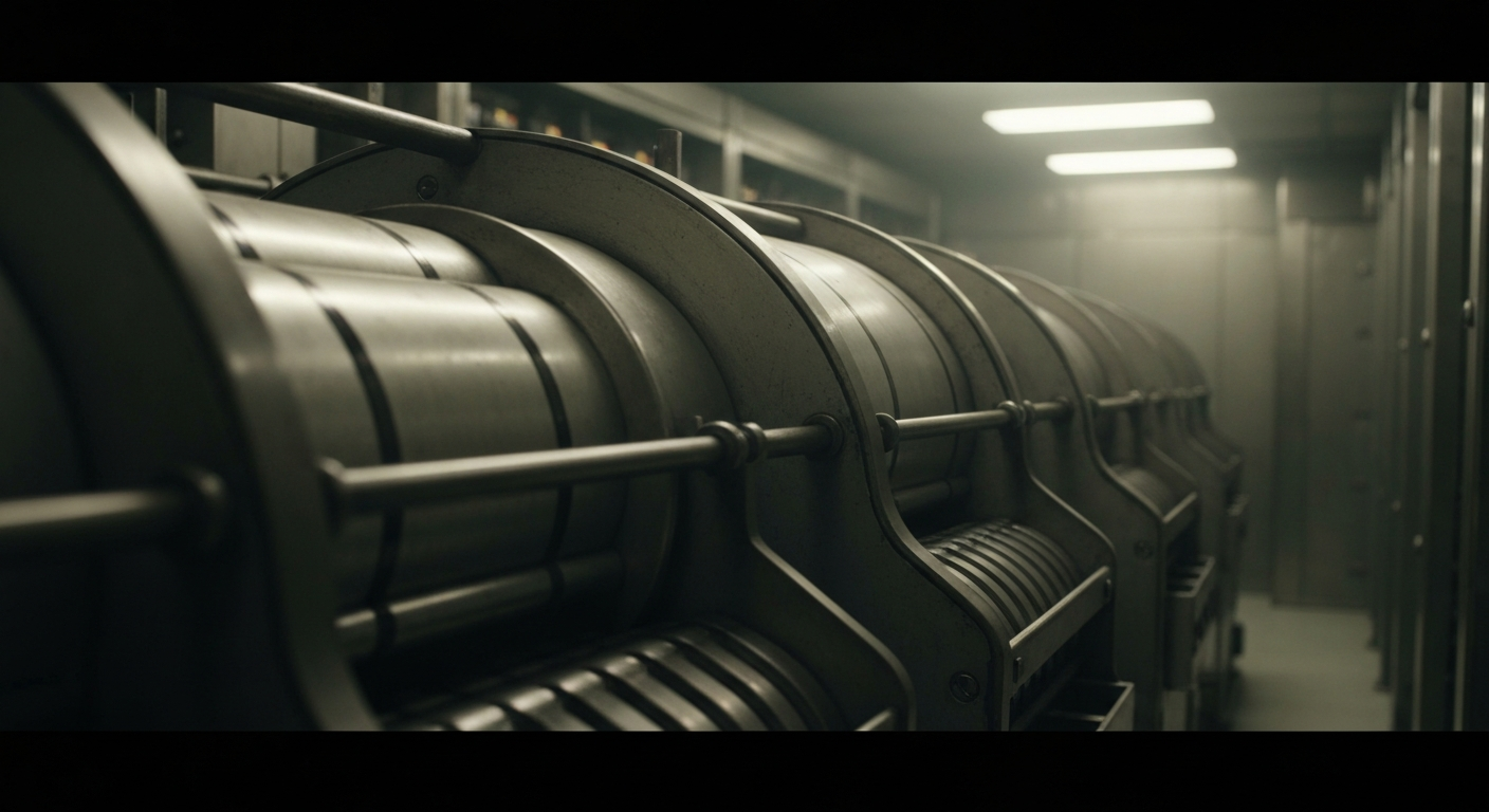 An extreme close-up of intricate, industrial banking machinery and mechanisms, dramatically lit against a dark background, conceptually representing the high-stakes battle over stablecoin regulations.