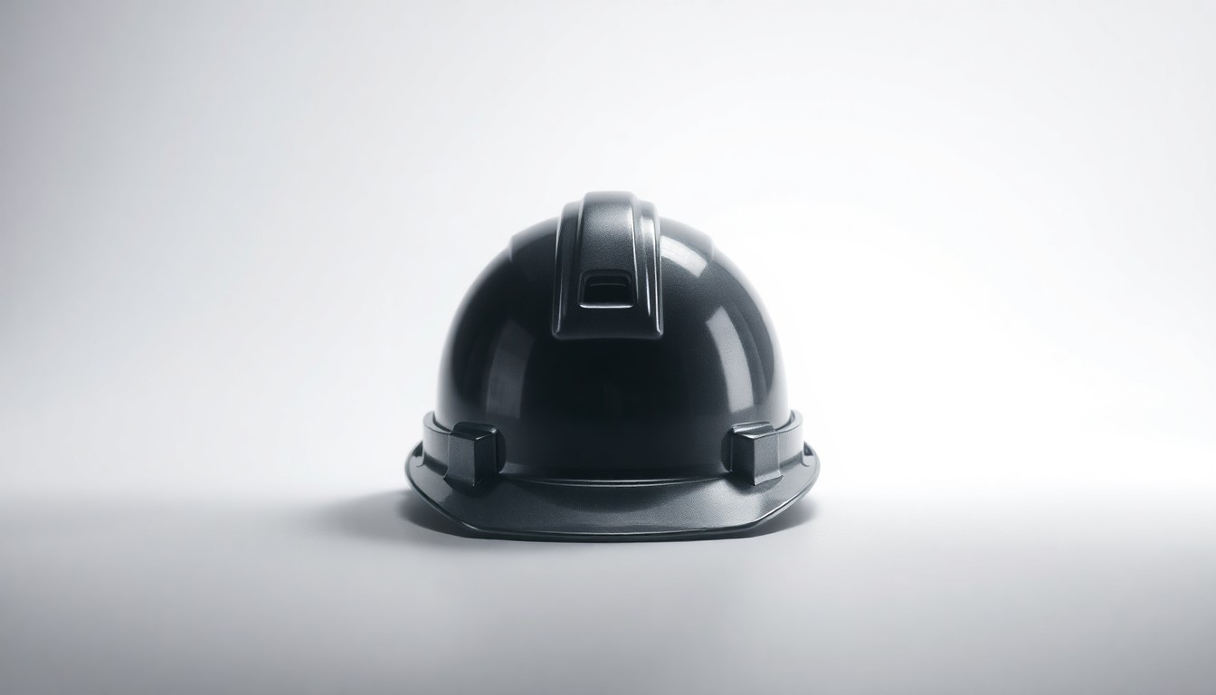 A photorealistic studio still-life image of a single, polished metal hard hat against a clean, monochromatic background, with dramatic shadows reflecting the harsh studio lighting to symbolize the somber and serious nature of a workplace fatality.
