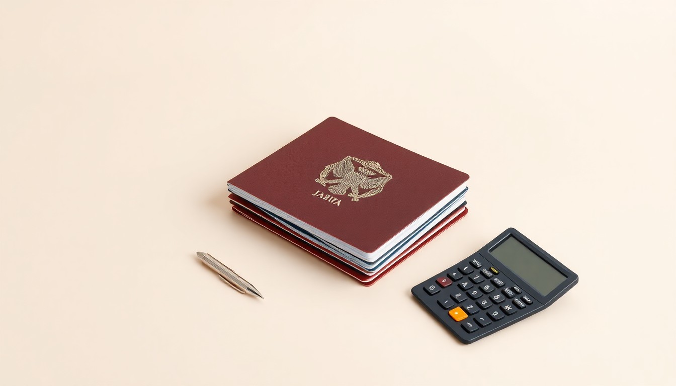 A high-end, photorealistic studio still-life photograph featuring a stack of international passports, a pen, and a calculator on a clean, monochromatic background, symbolizing the administrative and economic challenges faced by businesses and students in the J-1 visa program.