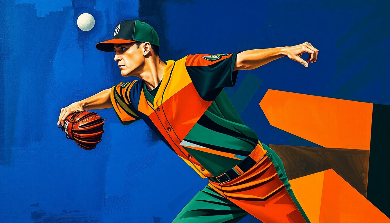 A fractured, multi-perspective painting depicting the motion of a baseball pitcher, broken down into sharp, overlapping geometric planes of deep navy blue, forest green, and burnt orange. The pitcher's body is deconstructed into abstract shapes, capturing the raw energy and athleticism of the sport.
