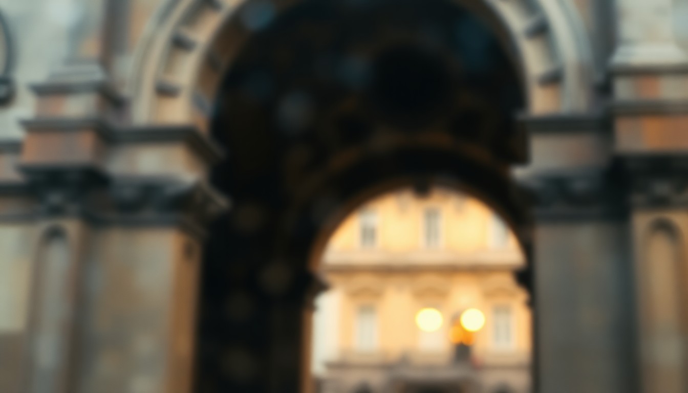An extremely blurred and abstracted photograph of an ornate stone archway or window frame, with warm pools of soft light and color creating an atmospheric, dreamlike scene that evokes the mood of a historic Portuguese monument.