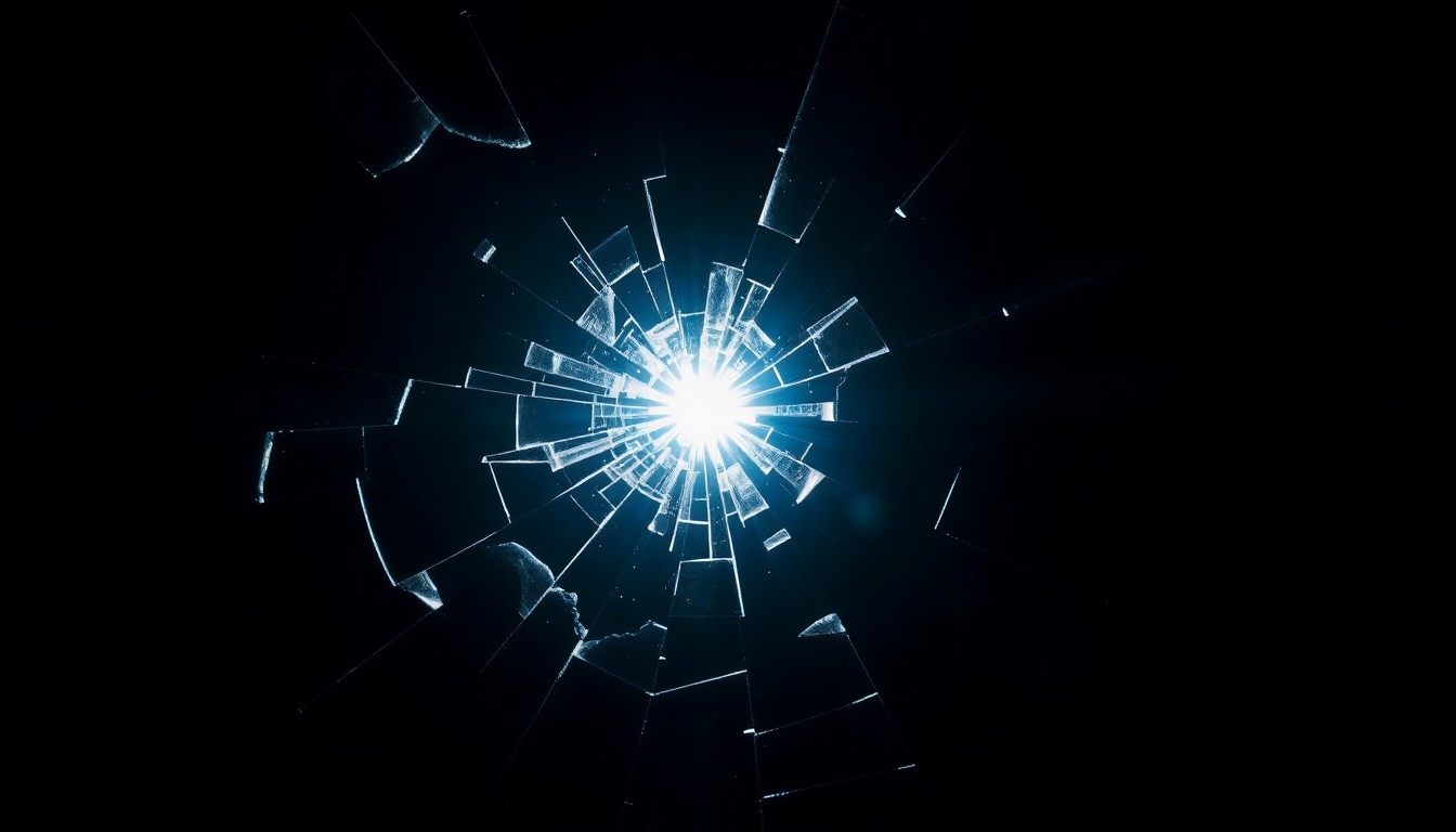 An extreme close-up of a shattered glass window frame, the harsh lighting and stark black background conveying a sense of investigation and unease around the recent acts of vandalism.