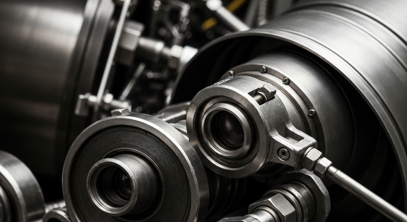 An extreme close-up photograph of complex aerospace components and machinery, representing the heavy, industrial nature of the technology behind Intuitive Machines' lunar exploration services.