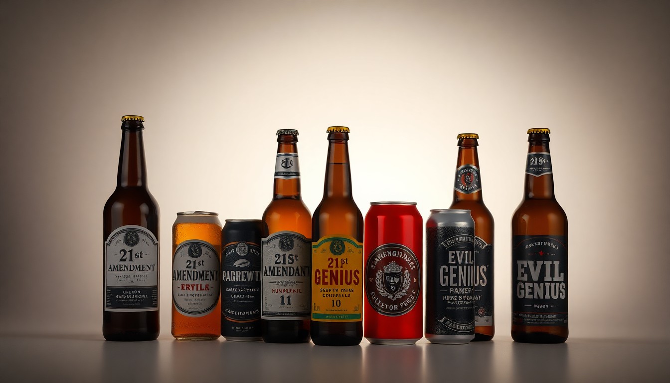 A high-end, photorealistic studio still-life photograph featuring a collection of premium beer bottles and cans in muted earth tones, arranged elegantly on a clean, monochromatic background, conceptually representing the collaboration between two independent craft breweries to revive a beloved brand.