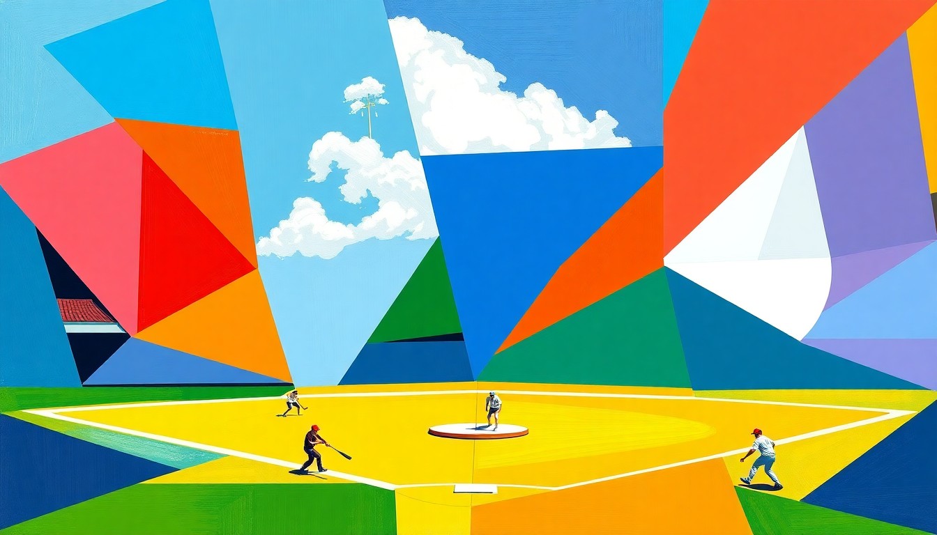 A fragmented, cubist-style painting depicting a college softball game, with sharp geometric shapes in the team colors of Florida Gulf Coast and Jacksonville representing the fast-paced action and competitive nature of the event.
