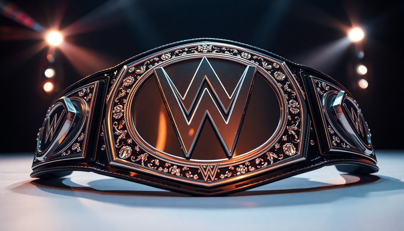 An extreme close-up of a shiny, metallic wrestling championship belt reflecting dramatic studio lighting, conveying the high-stakes glamour of professional wrestling.