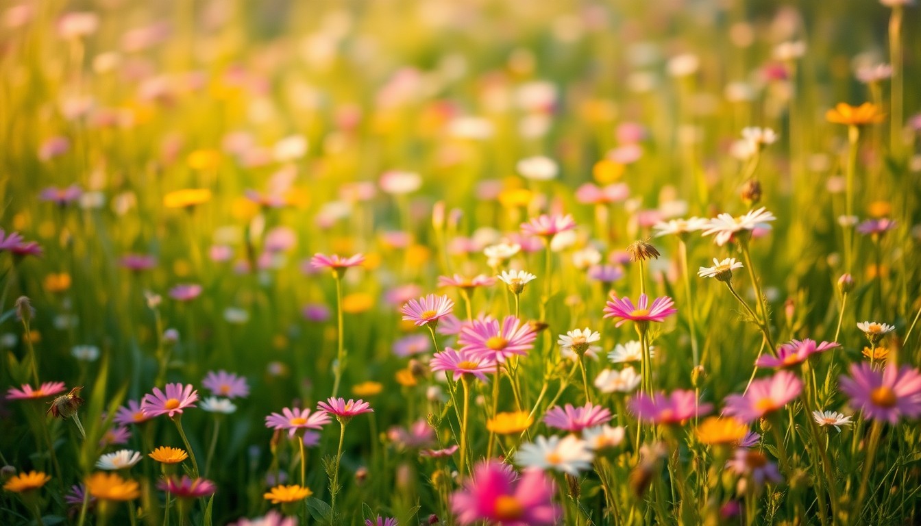 An out-of-focus photograph depicting a lush, colorful meadow filled with vibrant wildflowers in shades of pink, purple, yellow, and white, conceptually representing the tranquil natural setting of the guided wildflower walk.