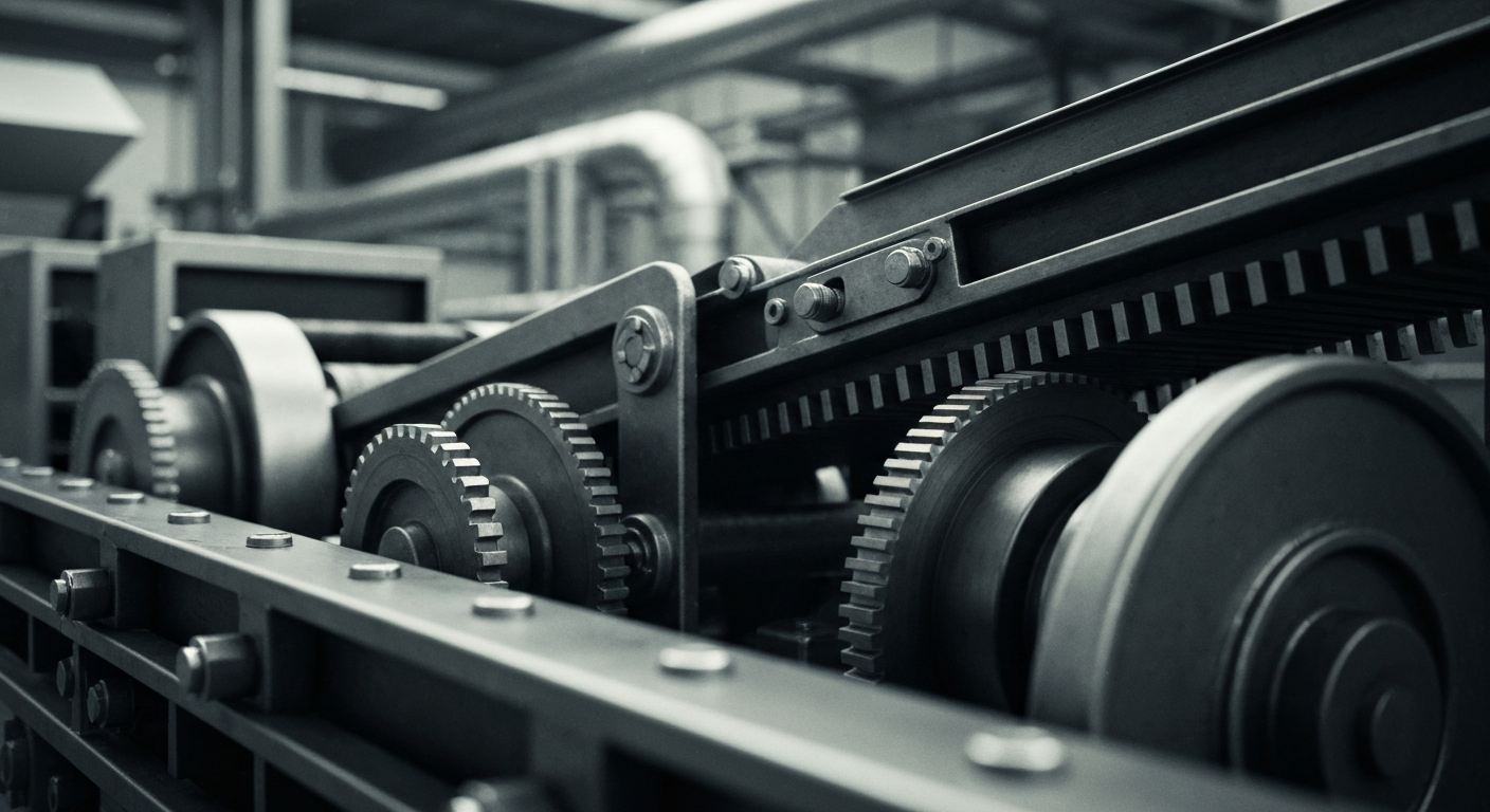 An extreme close-up of the intricate machinery and mechanisms inside an industrial avocado processing facility, conveying the scale and complexity of Mission Produce's vertically integrated operations.