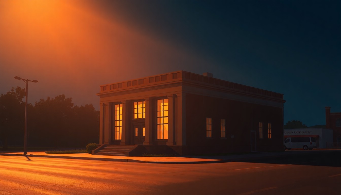 A serene, cinematic painting of a county government building in warm, golden light, with deep shadows casting across the facade, conveying a sense of civic duty and responsible governance.