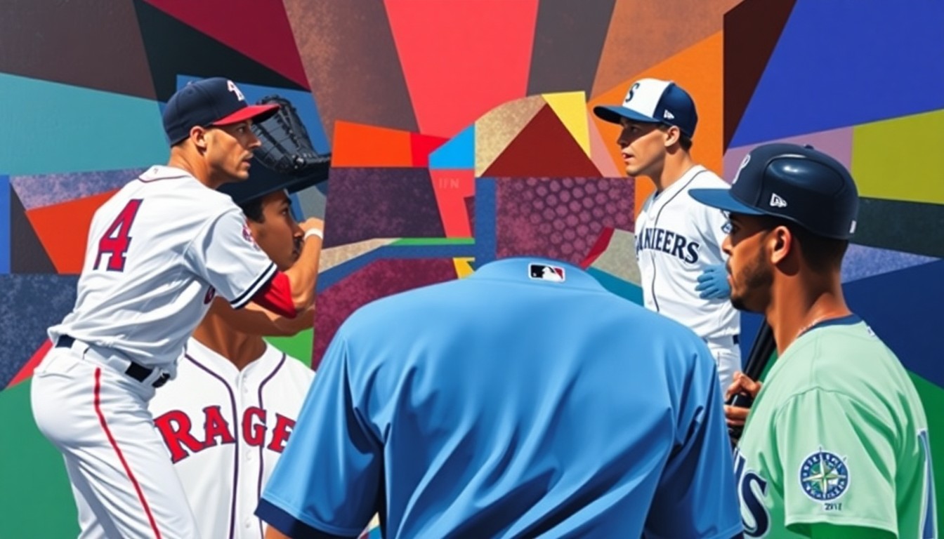 A fractured, multi-perspective painting in vibrant colors, breaking down a baseball game into sharp, overlapping geometric shapes and planes, creating an abstract, cubist representation of the action on the field.