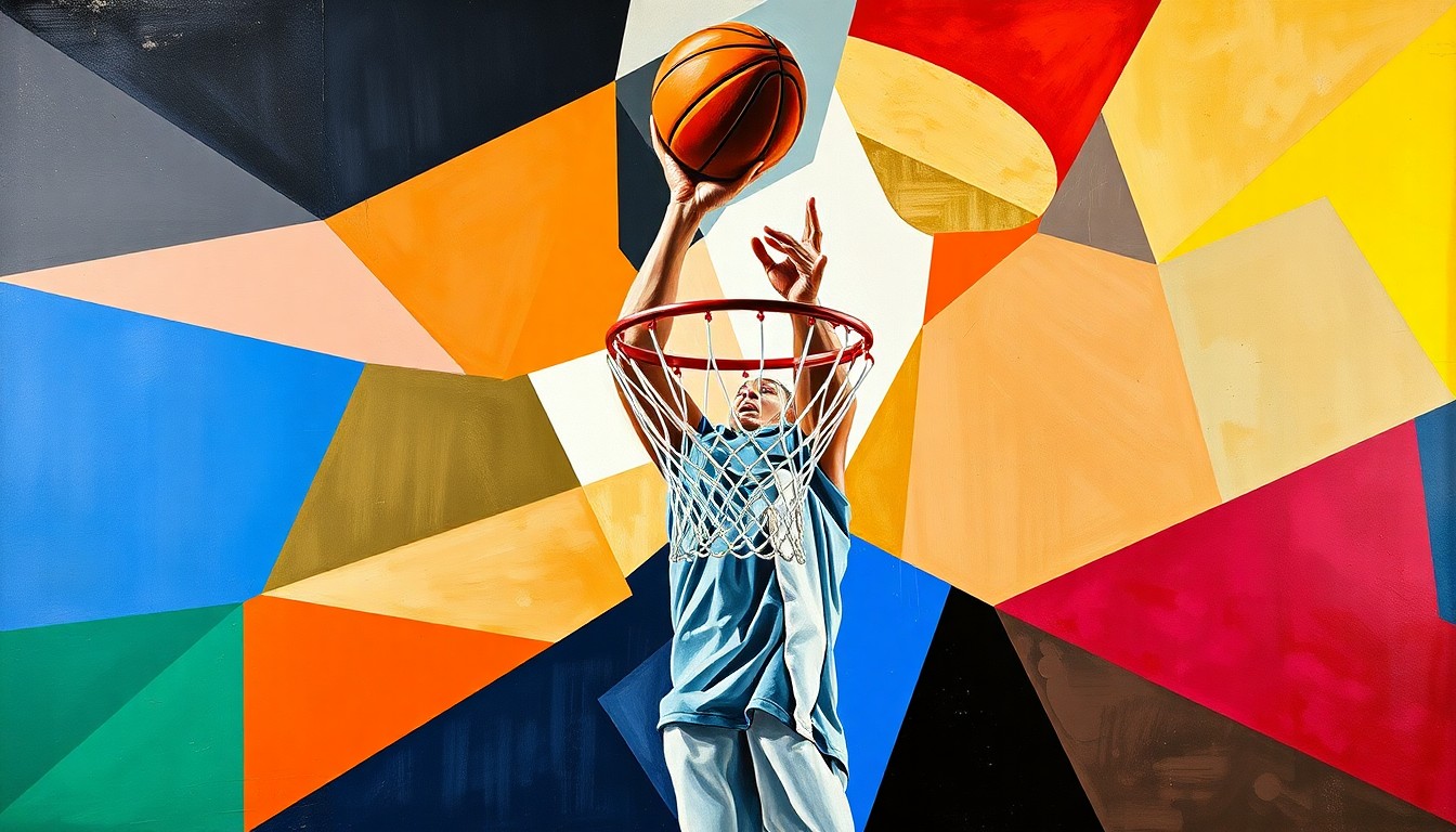 A fragmented, geometric painting depicting the motion and energy of a basketball free throw, with the ball, hoop, and player's form broken down into sharp, colorful shapes.