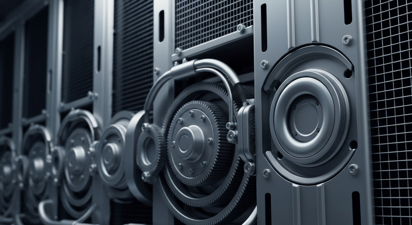 An extreme close-up of complex, interlocking data center cooling equipment and machinery in shades of steel grey, gunmetal, and electric blue, conceptually representing the critical infrastructure that powers modern digital networks.