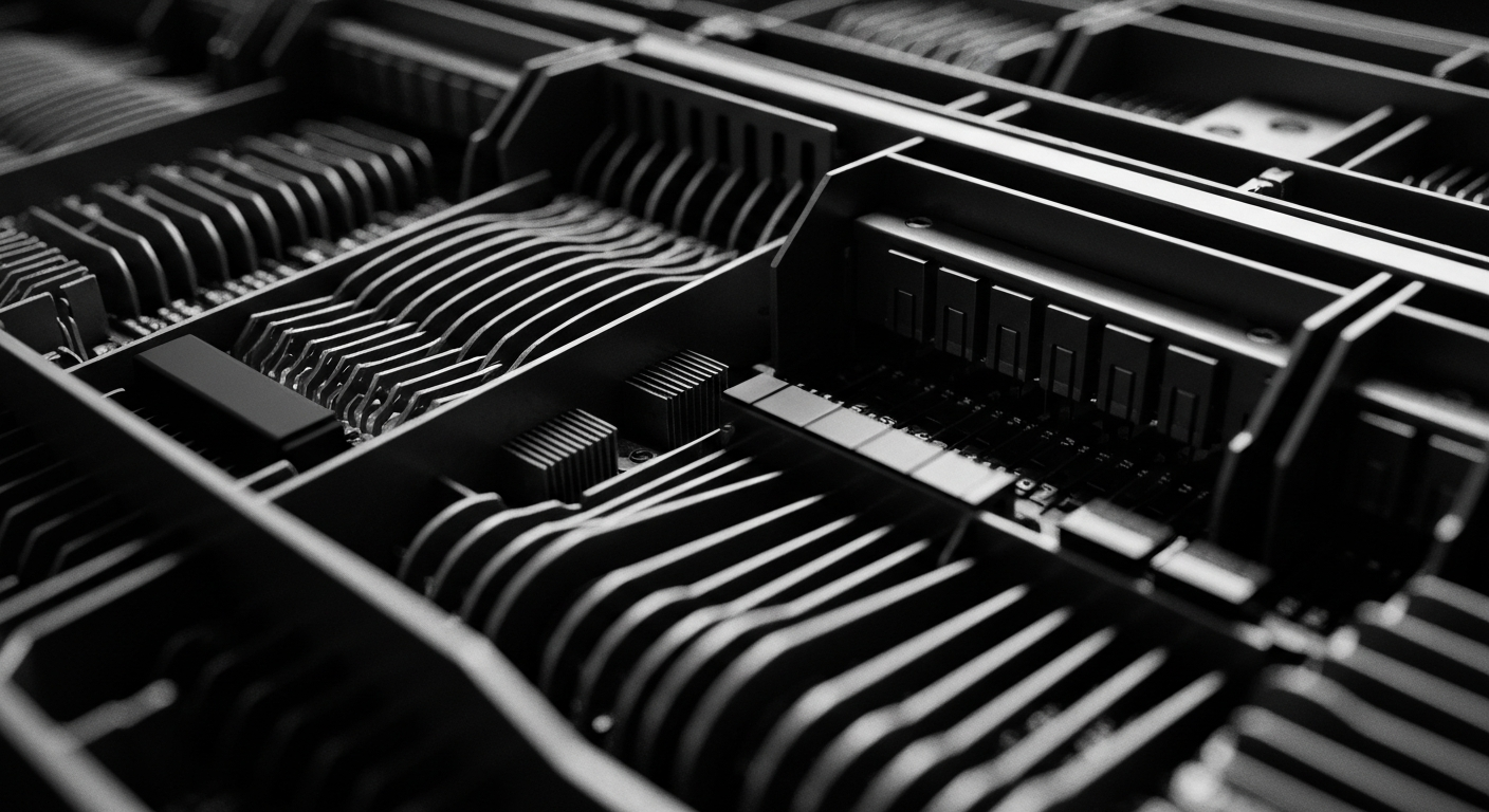 A high-contrast black and white close-up image of the intricate gears, circuits, and machinery that power the modern financial system, conveying a sense of the industry's technological backbone and the broader economic factors shaping its trajectory.