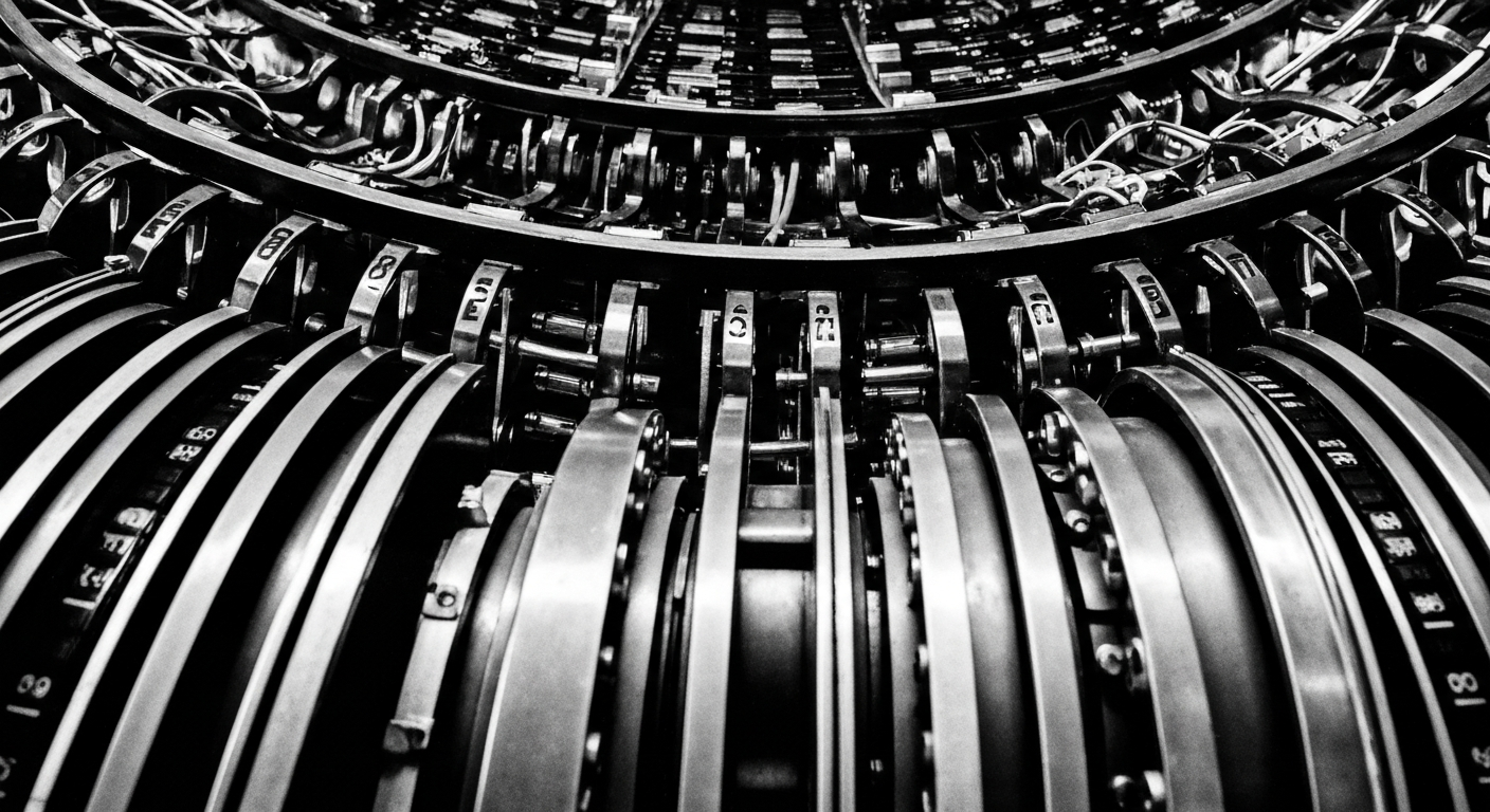 An extreme close-up of a series of gears, levers, and computer components, rendered in high-contrast black and white tones to create a powerful, industrial visual metaphor for the inner workings of the financial industry.