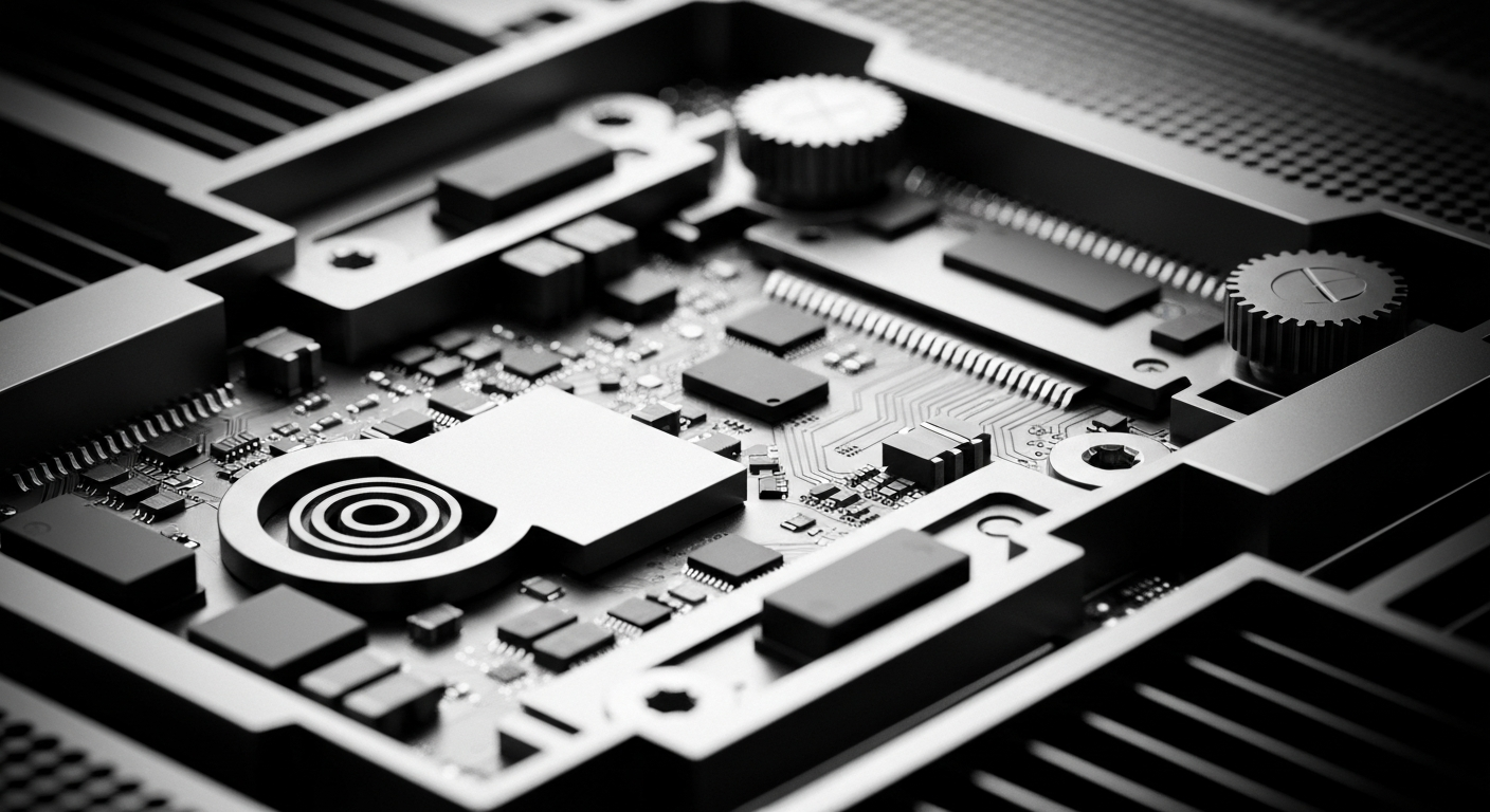 A high-contrast, close-up view of the intricate metal components and circuits that make up the internal structure of a powerful computer processor, conveying the technical sophistication and engineering excellence at the heart of Intel's semiconductor products.